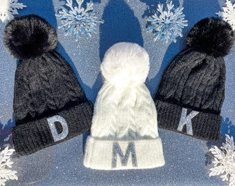 Custom Rhinestone Monogram Beanie - Ski Beanie / Fur Beanie / Knit Beanie /  Name Beanie /  Bling Initial Beanie / Winter Hat / Monogram Hat