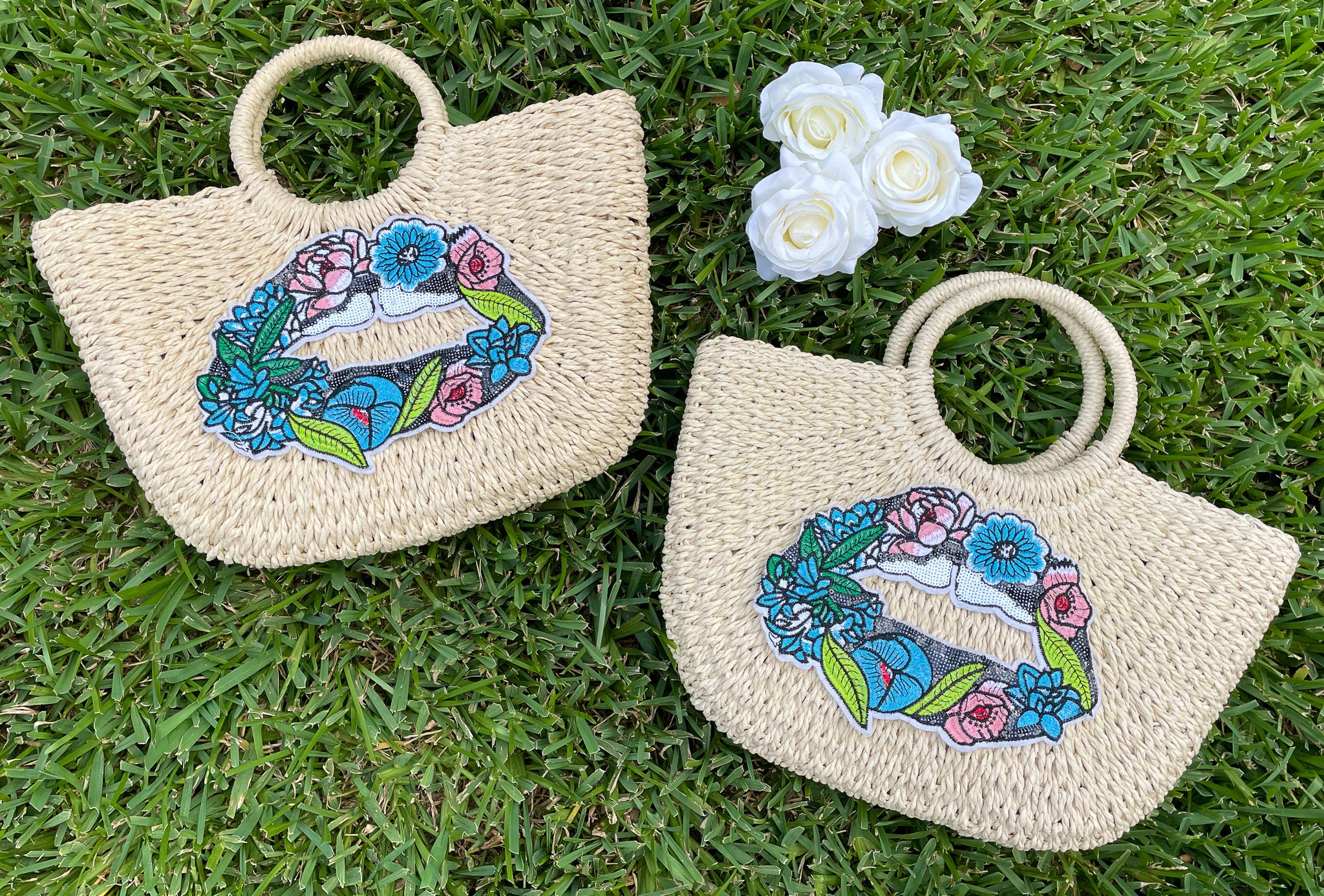 Sequin Lips Straw Beach Bag - Red Lips Beach Bag / Leopard Lips / Sequin Tongue / Pink Lips Pool Tote / Floral Vacation Tote / Gold Lake Bag