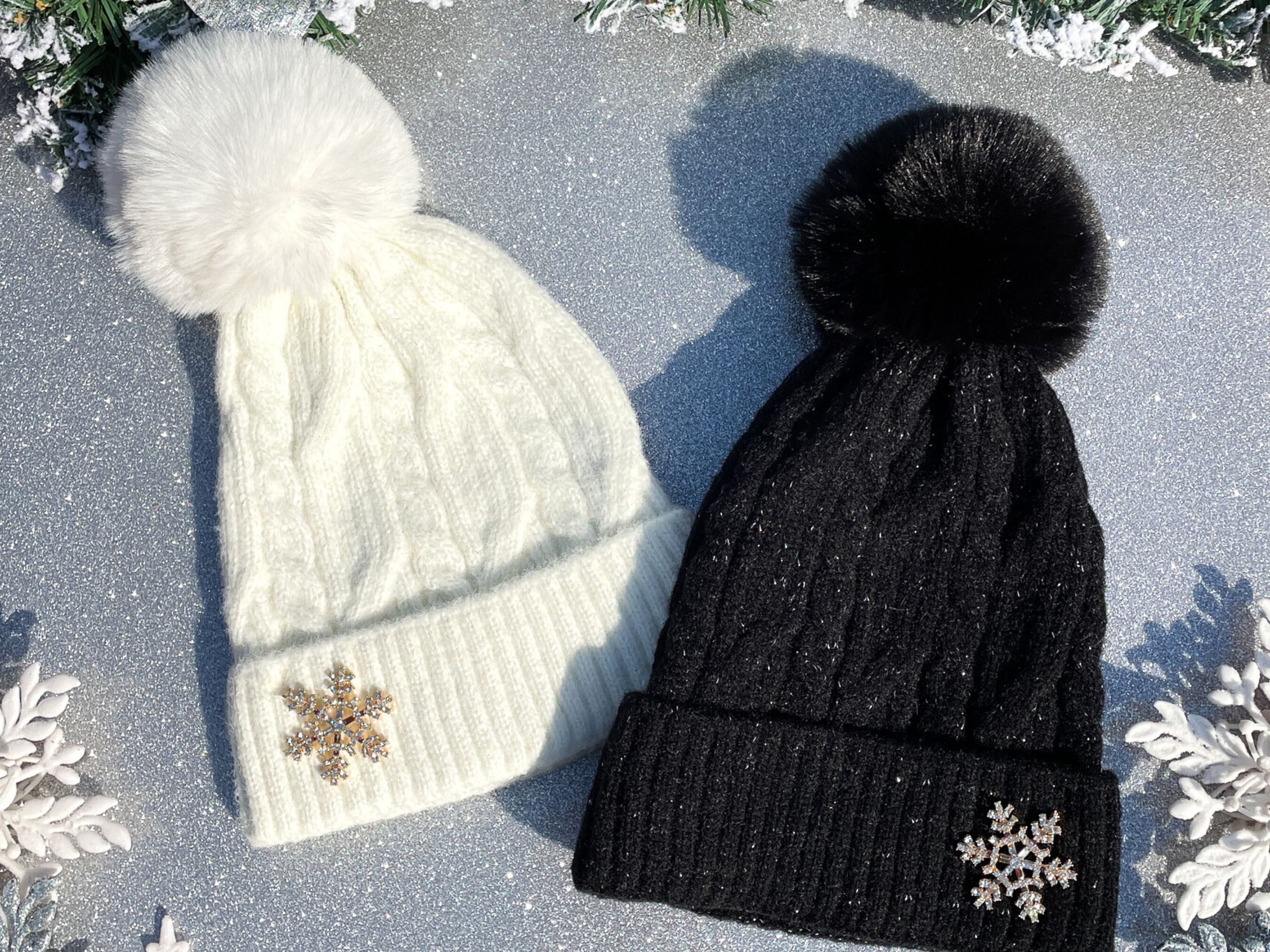 NWT Nordstorm Black Fur Pom Pom Beanie Hat w Silvery Rhinestone Snowflakes OS Mitchie main image 2