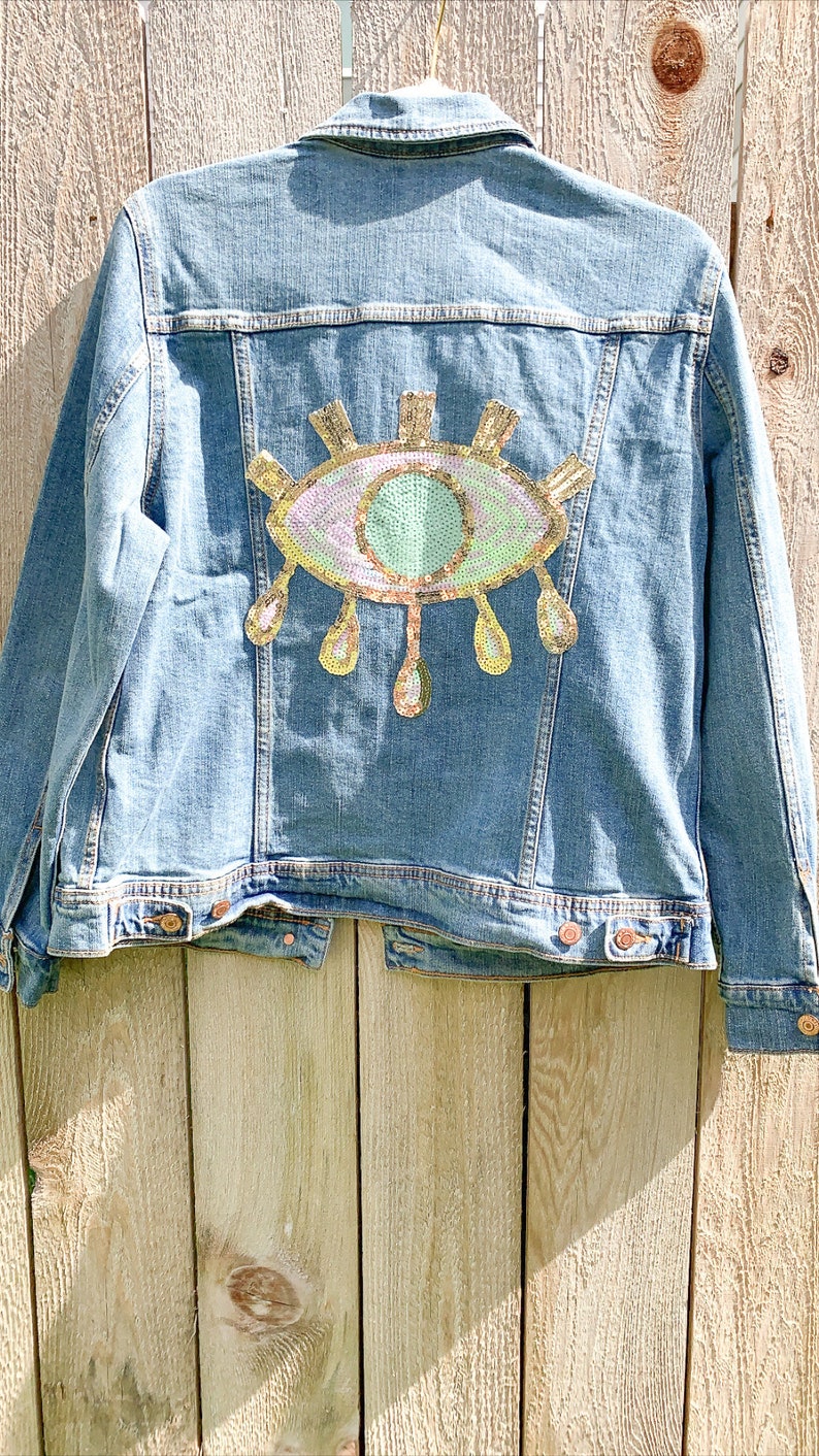 Iridescent Sequin Gold Pink and Green Evil Eye Jean Jacket | Etsy