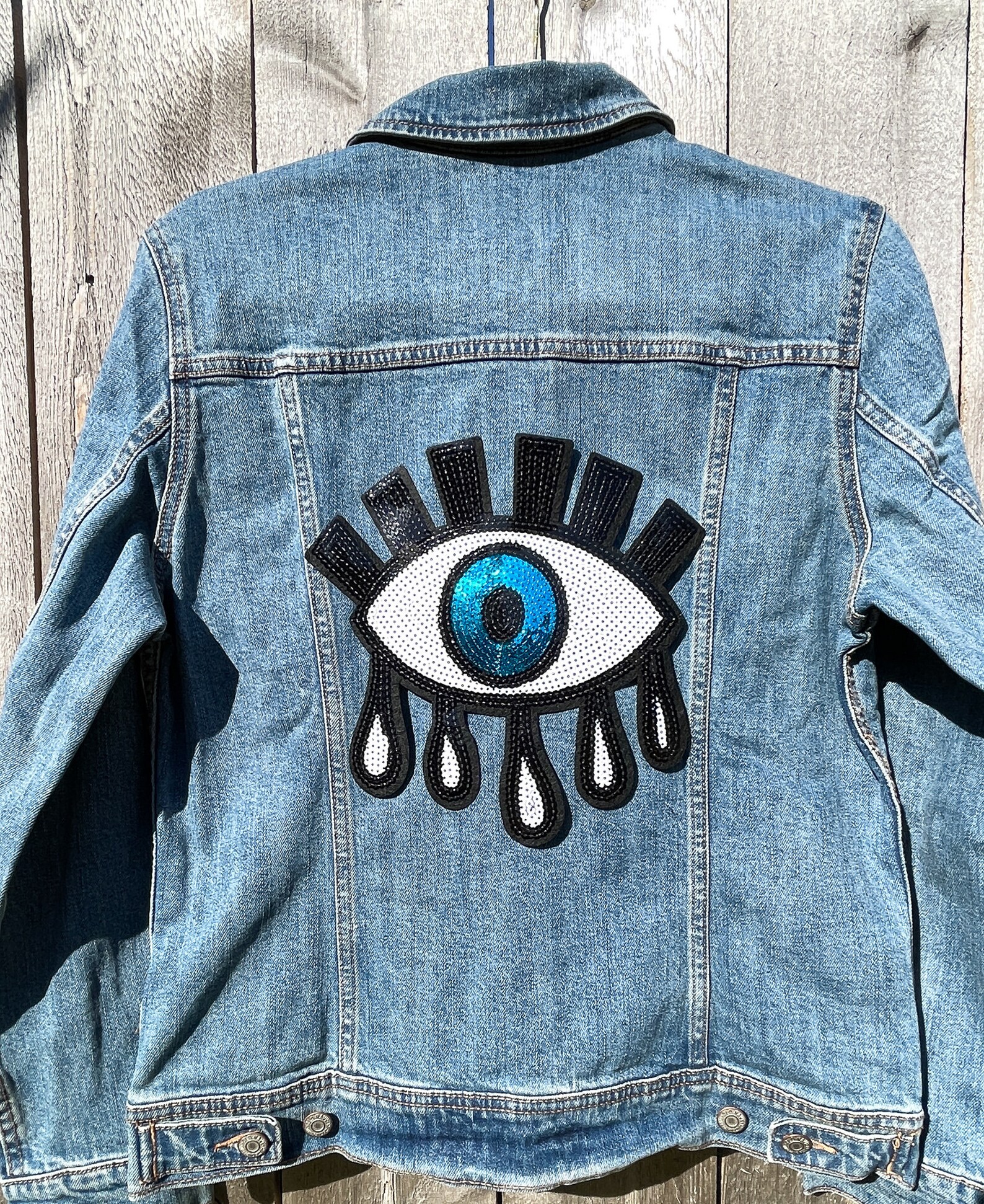 Black White and Blue Sequin Evil Eye Jean Jacket Custom Etsy
