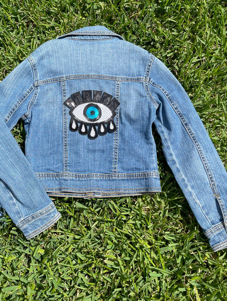 Black White and Blue Sequin Evil Eye Jean Jacket Custom Etsy