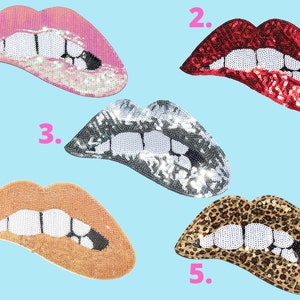 May include: Five different sequin lips patches with white teeth. The lips are in pink, red, silver, brown, and leopard print.