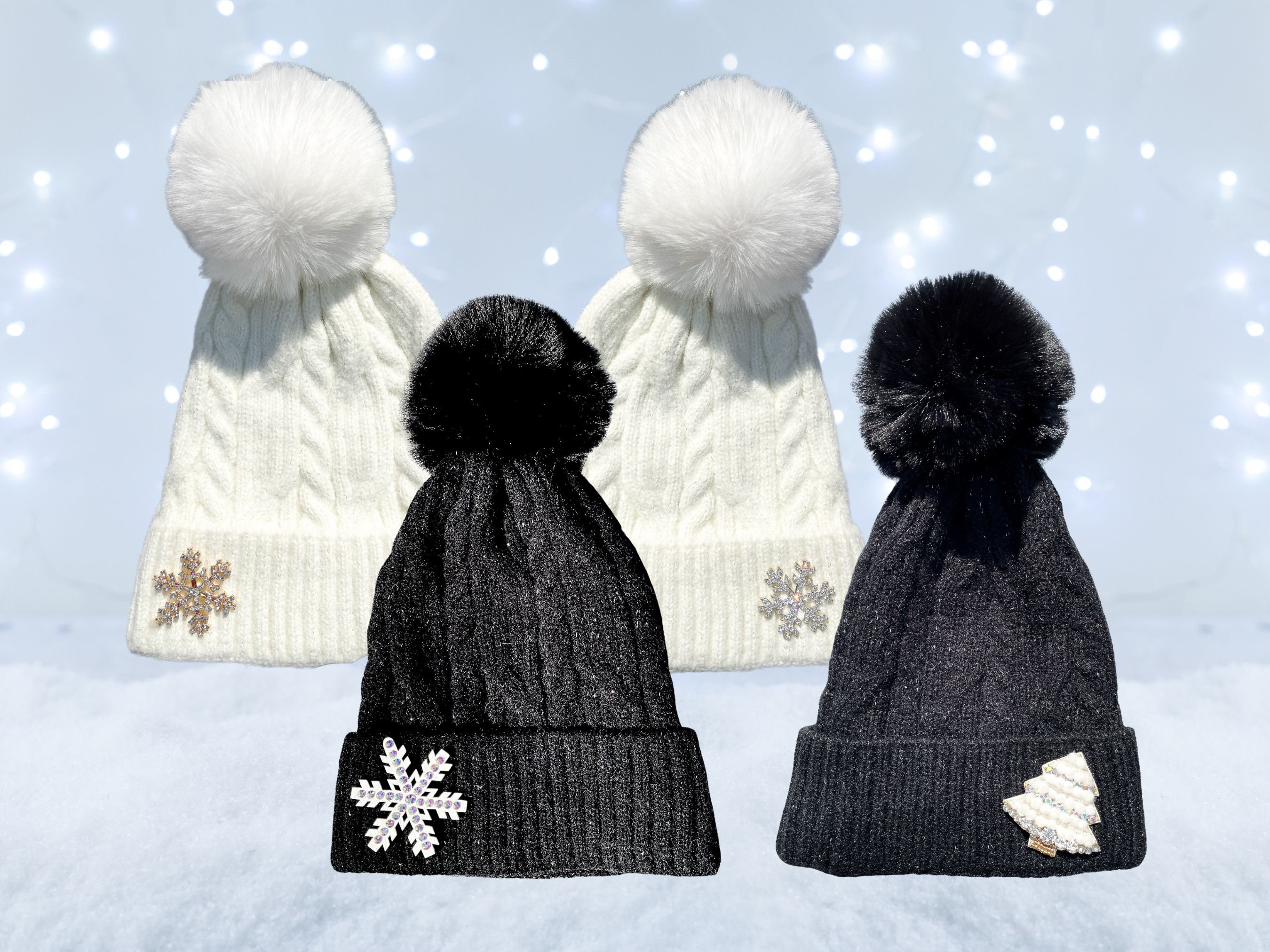 NWT Nordstorm Black Fur Pom Pom Beanie Hat w Silvery Rhinestone Snowflakes OS Mitchie main image 3