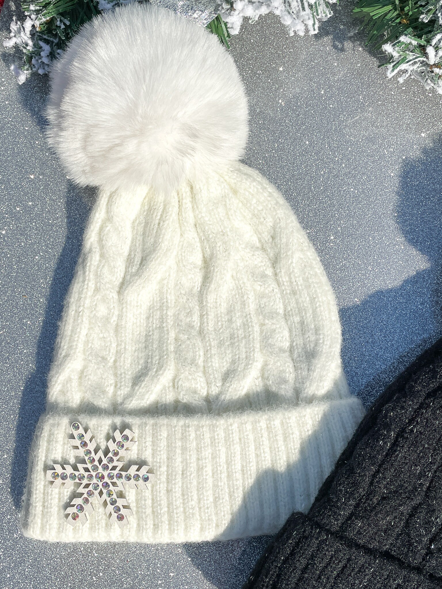 Silver Rhinestone Faux Fur Pom Pom Winter Ski Beanie Rhinestone Beanie - Silver Snowflake Ski Beanie / Faux Fur  main image 4