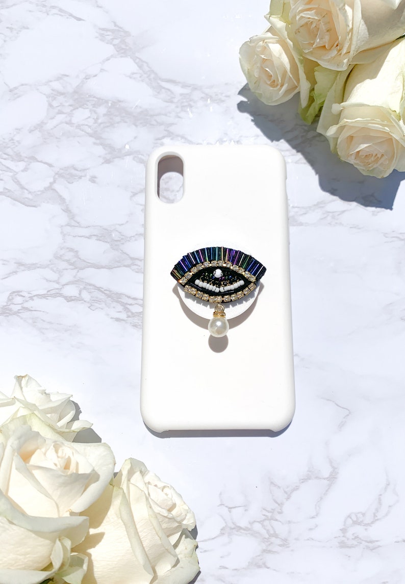 Purple Beaded Eye with Rhinestones and Dripping Pearl Phone Pop Grip Choose Your Background Color! Mermaid Green Blue