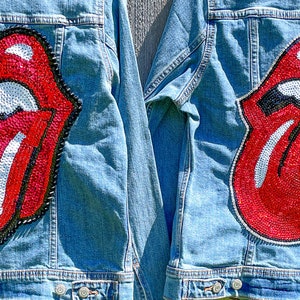 Red Sequin Rock and Roll Lips and Tongue Jean Jacket custom Jean Jacket ...