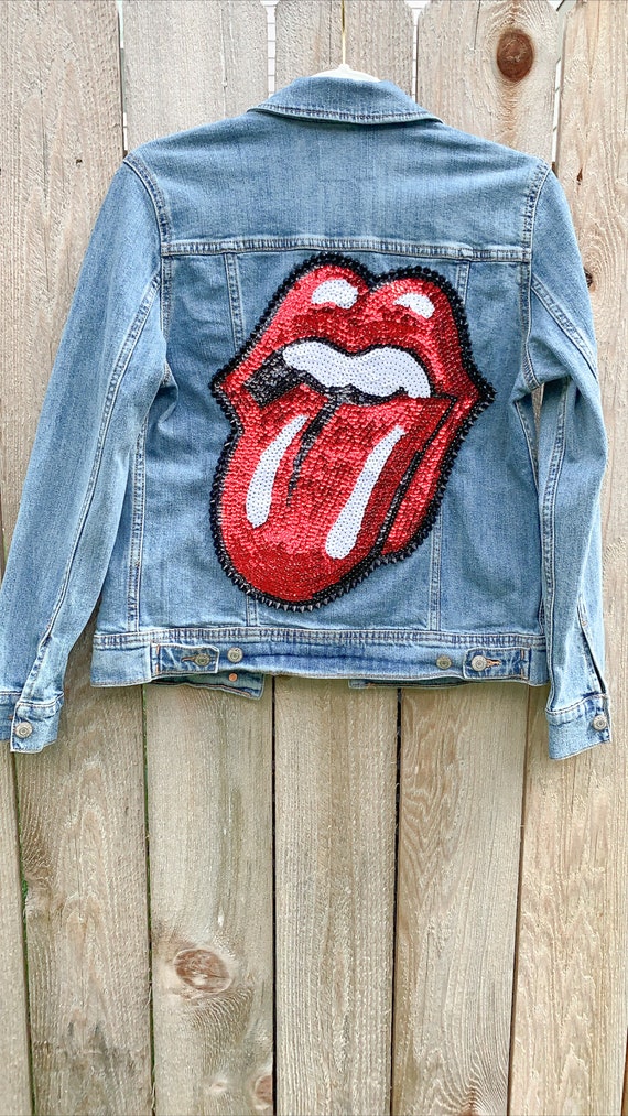 Red Sequin Rock and Roll Lips and Tongue Jean Jacket custom - Etsy