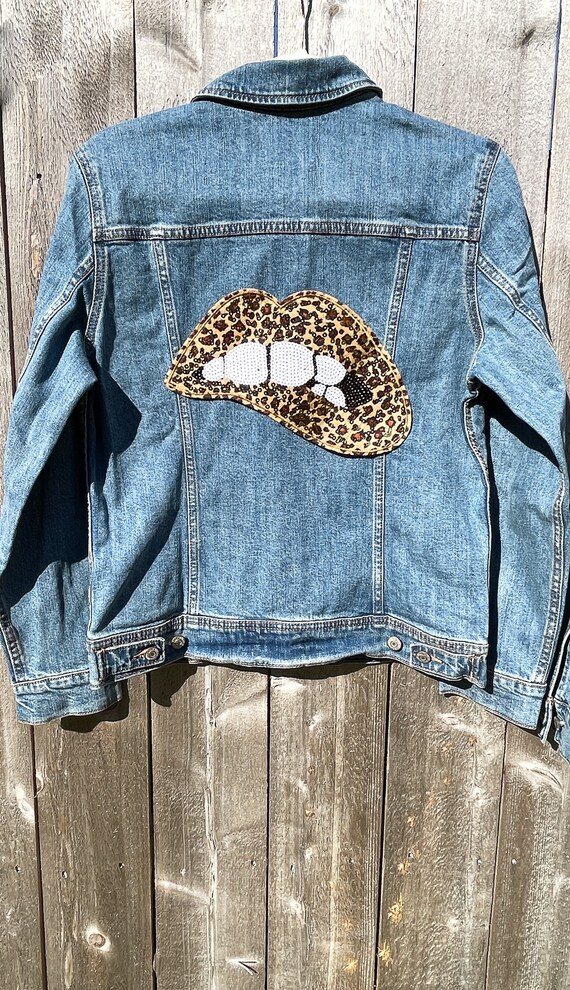 Gold Sequin Leopard Lips Jean Jacket Customize Your Own | Etsy