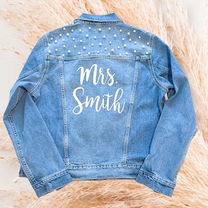 Mrs. &quot;CUSTOM NAME&quot; Bridal Jean Jacket -Bachelorette Jacket / Bride Jacket / Mrs Jean Jacket / Wedding Jacket / Honeymoon Jacket / Mrs Jacket