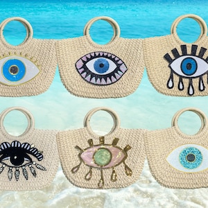 Pailletten Evil Eye Stroh Strandtasche – Blue Evil Eye Strandtasche / Pailletten Pooltasche / Gold Urlaubstasche / Evil Eye Lake Tasche / Rosa Evil Eye Tasche