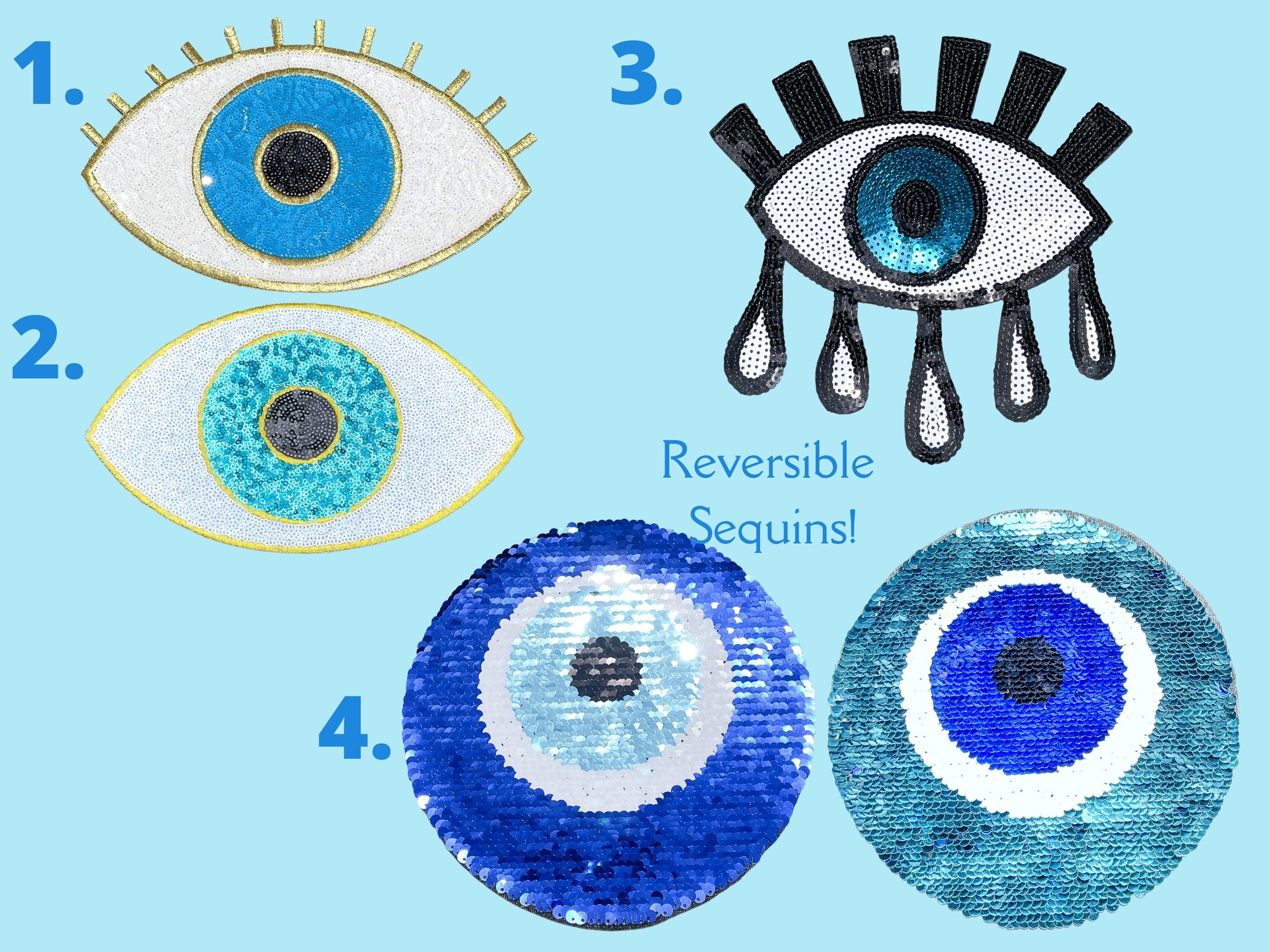 2 x Sequin Evil Eye Patches Large Blue Gold IRON-ON SEW-ON Applique  Clothing Dec