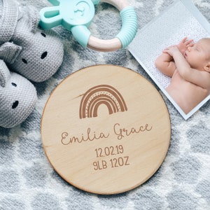 Personalised Rainbow New Baby Birth Announcement Wooden Plaque Card Sign with Weight and Birth Date - Keepsake Photo Prop