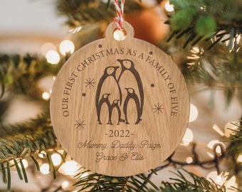 Personalised First 1st Christmas as a Family of 3/4/5/6 Wooden Christmas Tree Decoration / Bauble / Keepsake with Penguins