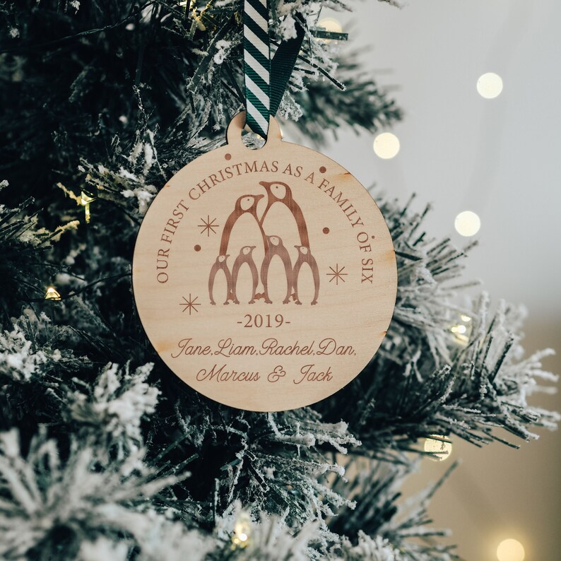 Personalised First 1st Christmas as a Family of 3/4/5/6 Wooden Christmas Tree Decoration / Bauble / Keepsake with Penguins 