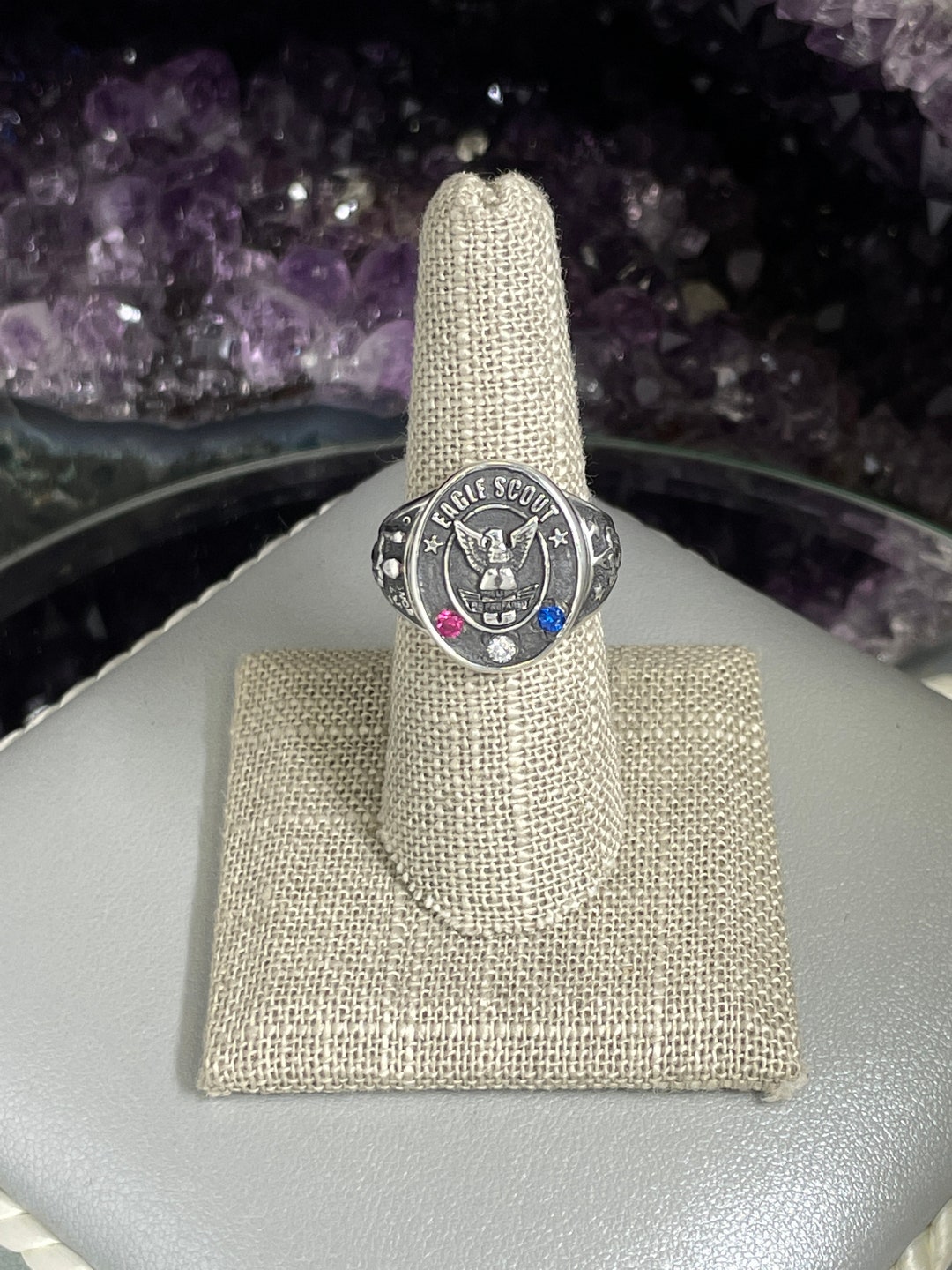 Custom Made eagle Scout Ring in Solid Sterling Silver With Gem Stones