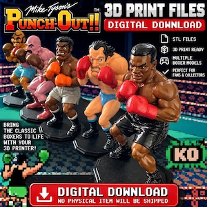 Peut inclure: Une collection de cinq figurines de boxeurs imprimées en 3D du jeu Mike Tyson's Punch-Out!!, représentant divers personnages en position de combat avec des gants de boxe rouges, orange et marron, sur des socles hexagonaux noirs, téléchargement numérique.