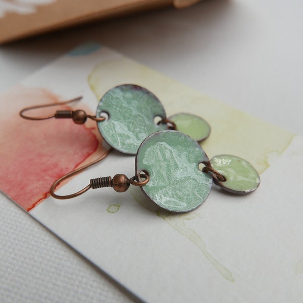 Light Turquoise Green Enamel Round Drop Earrings - Handmade Copper Enamel Jewellery