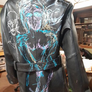 Abstract figures on leather jacket, size large, upcycled clothing, sold buy the artist maker, hand painter