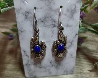 Vintage Native American Old Pawn Blue Lapis 925 Sterling Silver Squash Blossom Dangle Drop Earrings