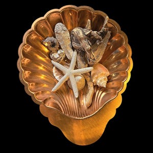 Large Vintage Copper Clam Shell Cake/Jello Mold Filled with Ocean Wonders Driftwood/Starfish/Seashells Nautical Decor