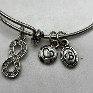 RETIRED BRIGHTON Silver Tone Adjustable Infinity Heart Charm Bangle Bracelet