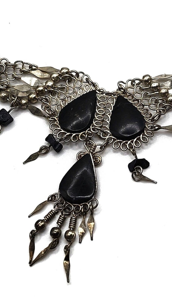 Vintage Peruvian Style Necklace Black Silver Tone… - image 1