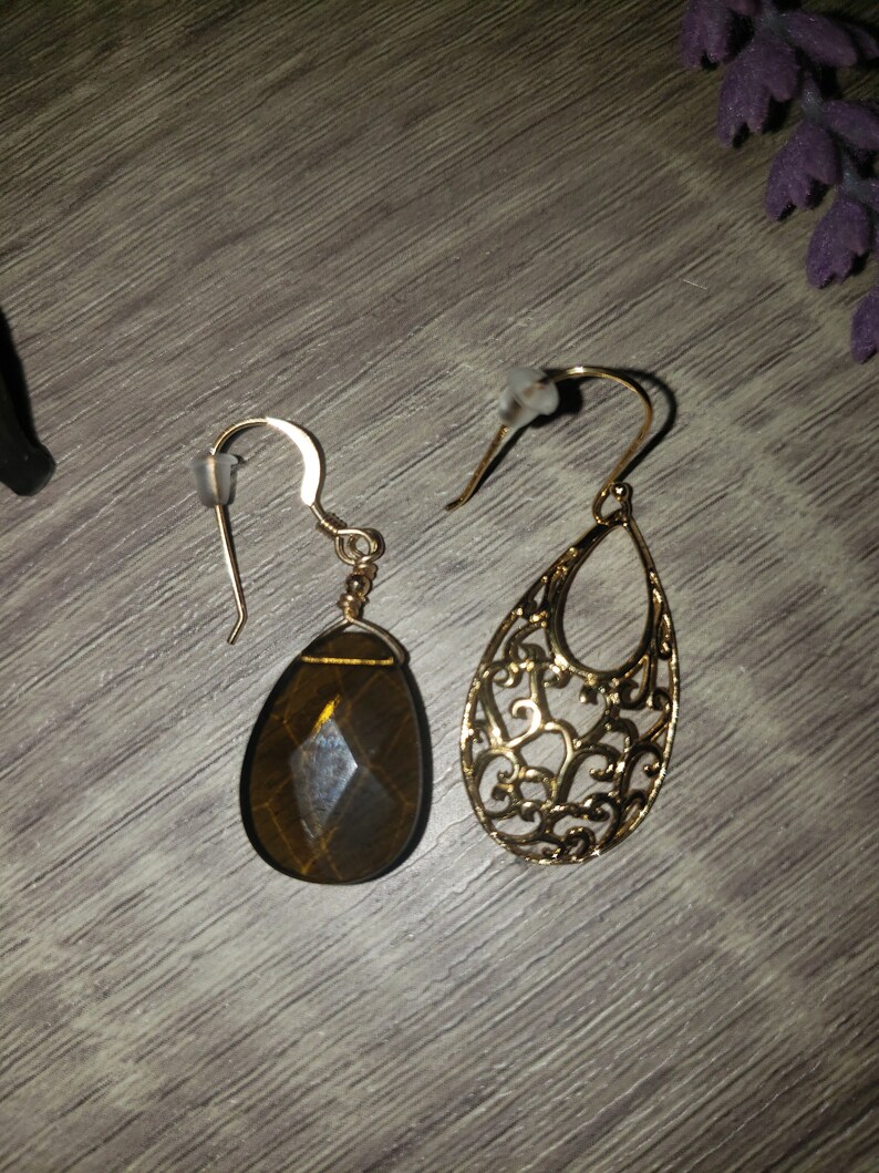 Vintage Pair of Mismatched Smokey Topaz Teardrop Shaped Dangle Drop Earrings