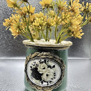 Upcycled Glass Jar Using IOD Mold With Clay Flower Frog Faux Greenery Included