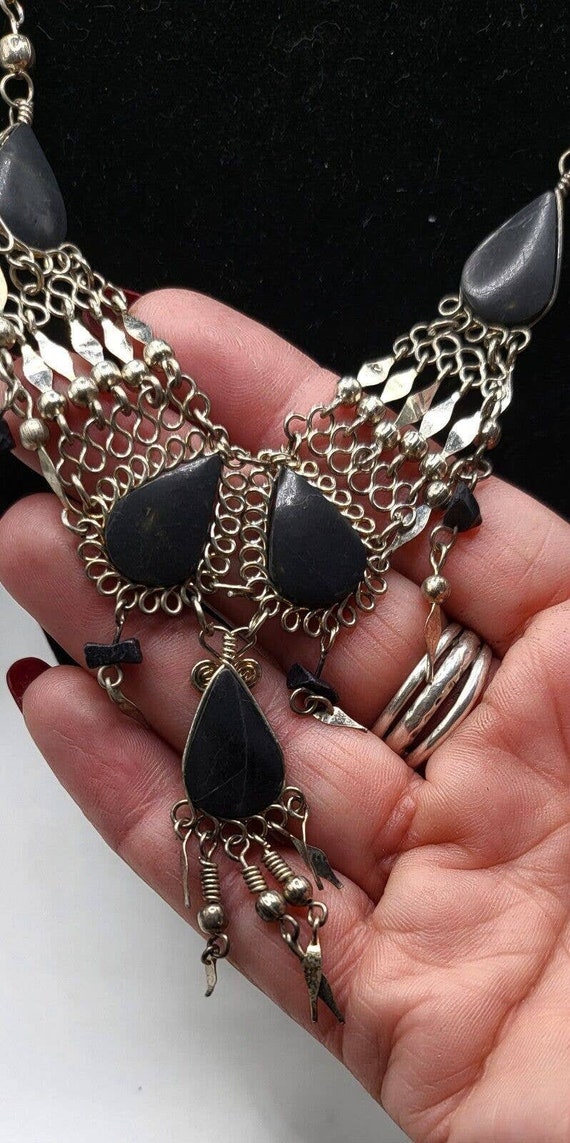 Vintage Peruvian Style Necklace Black Silver Tone… - image 8