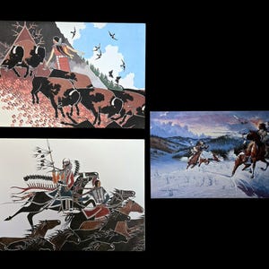 May include: Three Native American-themed art prints. One depicts a figure with bison, another shows a warrior on horseback, and the third portrays a winter scene with riders. The prints feature a variety of colors and artistic styles.