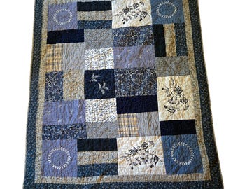 Vintage shades and patterns of Blue 48x57" Handmade Patchwork Quilt Block Blanket Lap Throw