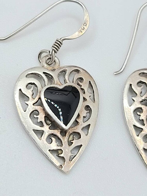 Vintage Sterling Silver Black Enamel Filigree Hea… - image 7