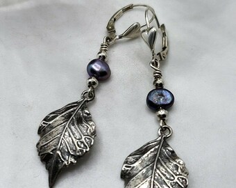 Artisan Crafted Sterling Silver Earrings Leaf Black Pearl Dangle Leverback