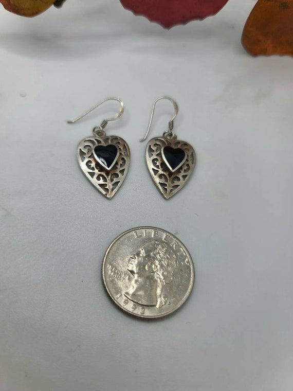 Vintage Sterling Silver Black Enamel Filigree Hea… - image 4