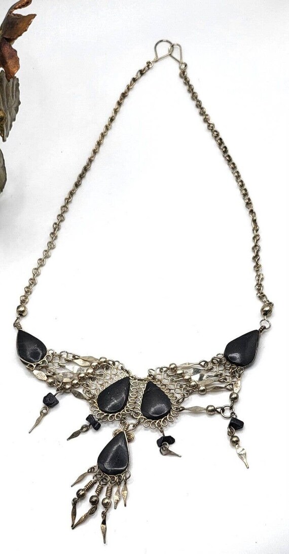 Vintage Peruvian Style Necklace Black Silver Tone… - image 2