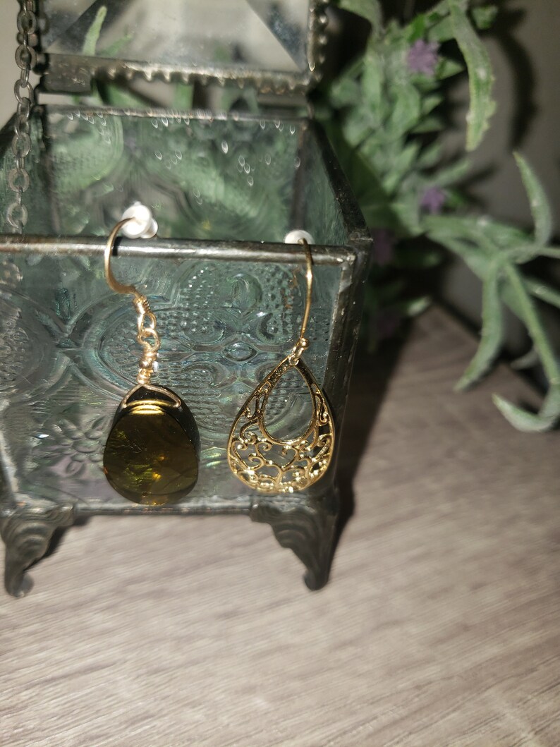 Vintage Pair of Mismatched Smokey Topaz Teardrop Shaped Dangle Drop Earrings
