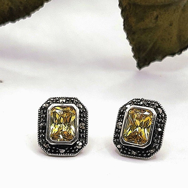 Vintage Sterling Silver Canary Yellow CZ Marcasite Stud Earrings Square