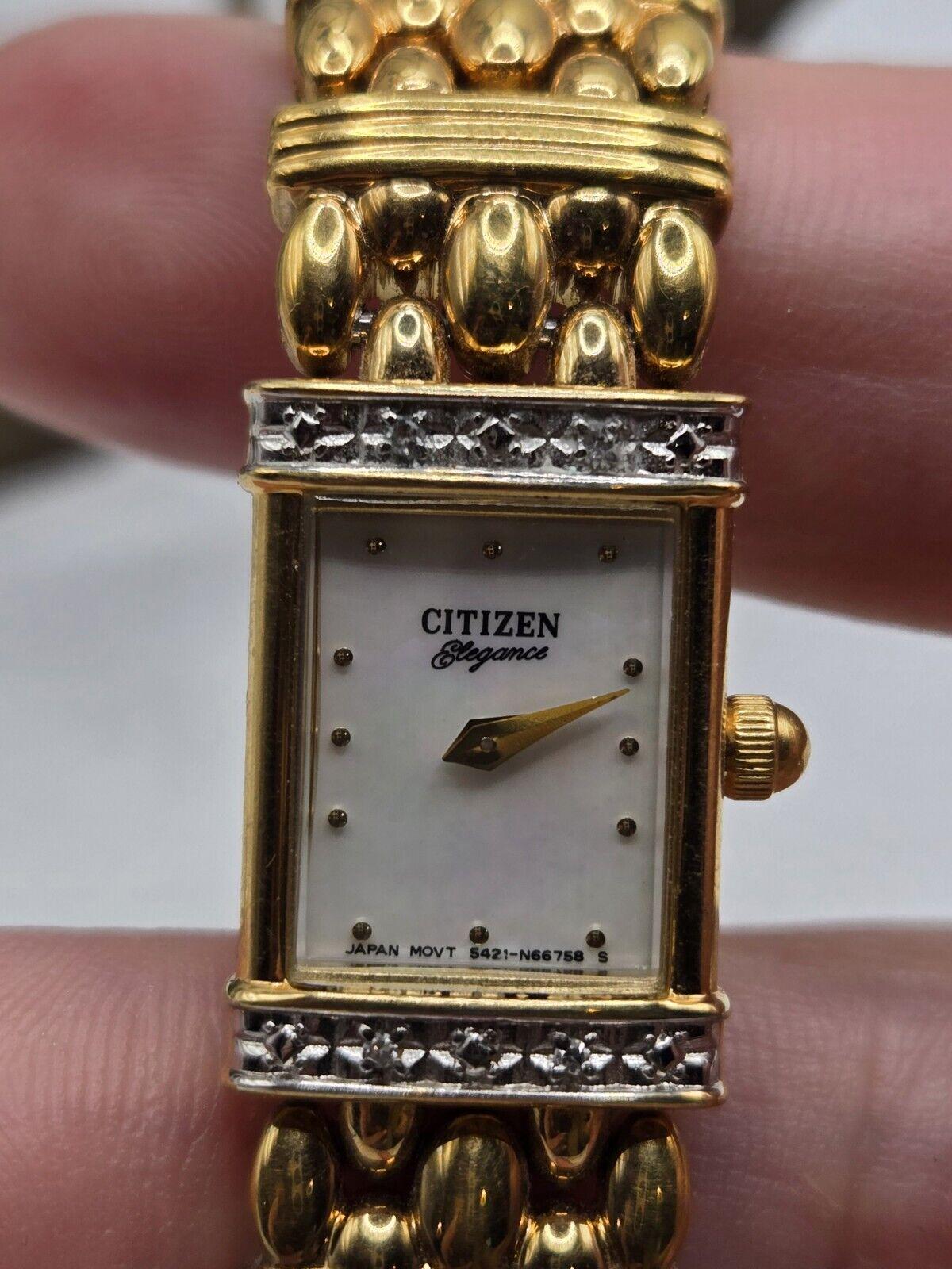 RARE Vtg Citizen Gold Diamond Bezel Mother-of-Pearl Panther Link Bracelet Watch Vtg Citizen Gold Plated Diamond Mother-of-pearl Panther Link  main image 3