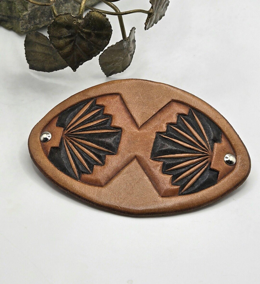 Vintage Southwestern Native American Art Leather Barrette  display picture 2