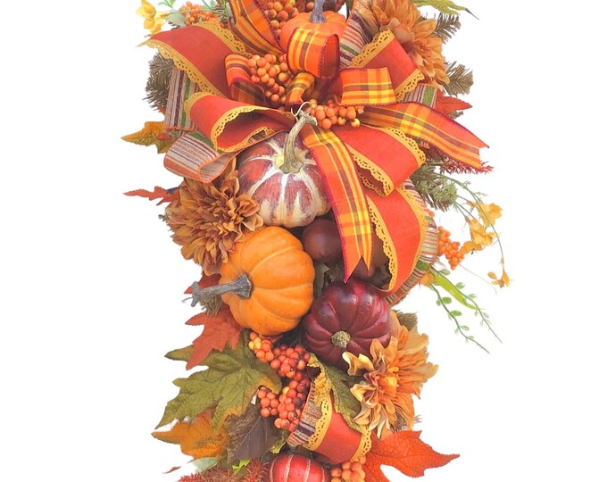 Fall Pumpkin Swag Wreath, Fall Front Door Swag, Traditional Fall Wreath ...