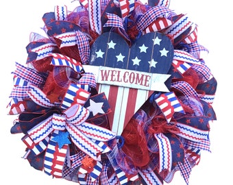 Patriotic Front Door Wreath, July 4th Wreath, Americana Wreath, Large Mesh Wreath, Independence Day Decor,