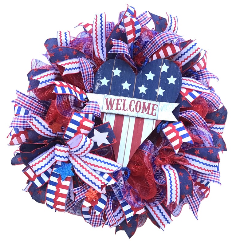 Patriotic Front Door Wreath, July 4th Wreath, Americana Wreath, Large Mesh Wreath, Independence Day Decor, image 1
