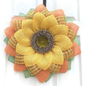 Sunflower Wreath, Yellow, Orange and Lime Green Check, Flower Wreath, Front Door Wreath, Summer Flower Wreath, Poly Burlap Wreath
