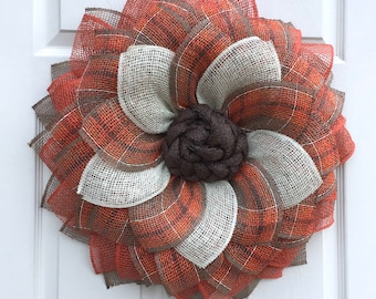 Fall Front Door Flower Wreath, Orange and Brown Wreath, Handmade Wreath