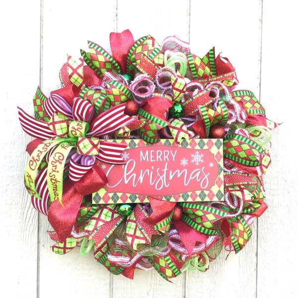 Merry Christmas Wreath, Argyle Trimmed Merry Christmas, Emerald, Red, White and Lime  Christmas Wreath
