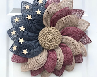 American Flag Wreath, Poly Burlap Patriotic Wreath, Rustic Flag Colors, Americana Wreath, Patriotic Wreath, Front Door Wreath