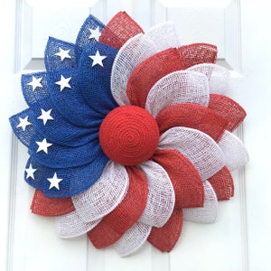 American Flag Wreath: Patriotic Poly Burlap Stars & Stripes Door Decor