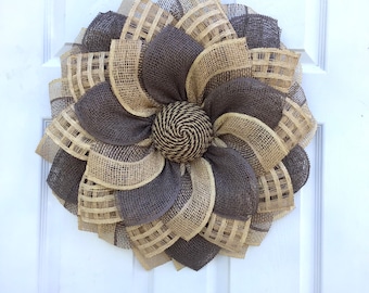 Sunflower Wreath, All Seasons, Neutral Tan and Brown Flower Wreath for Everyday