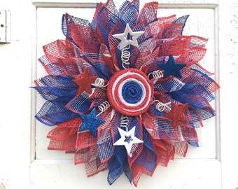 Americana Flower Patriotic Veterans Wreath, Front Door Wreath, 4th of July Wreath